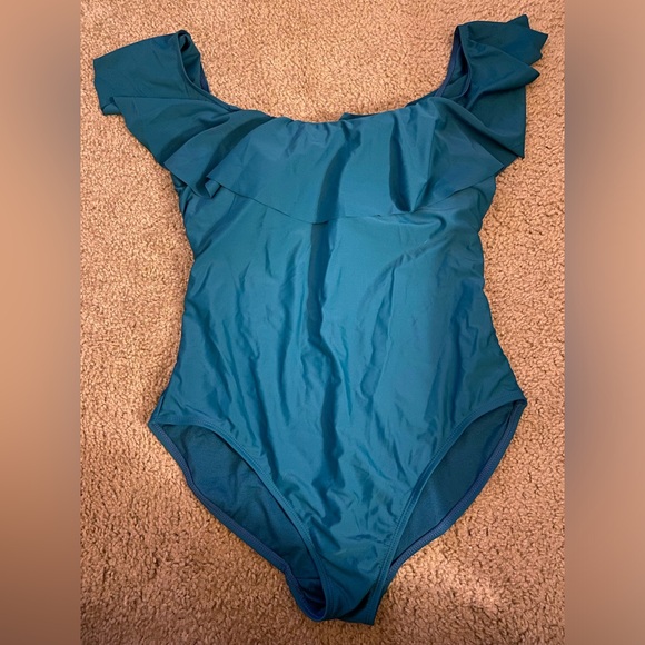 Teal one piece swimsuit with scalloped flutter neckline. Size 16-18 - Picture 1 of 5